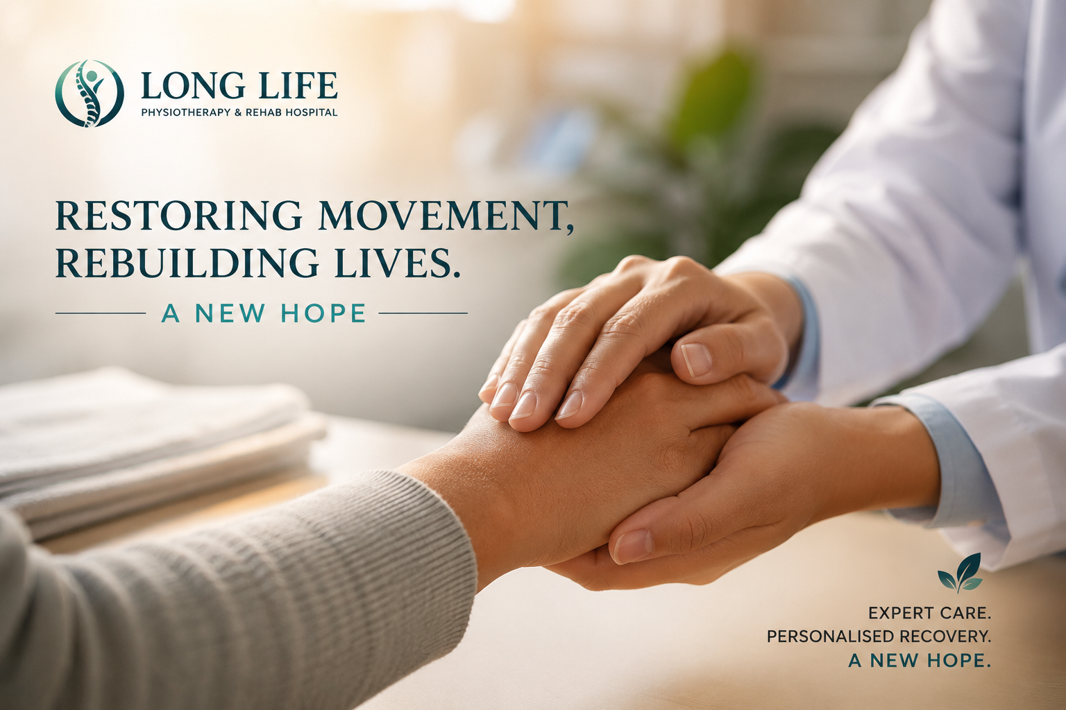 Physiotherapist supporting a patient with care and hope during home physiotherapy rehabilitation